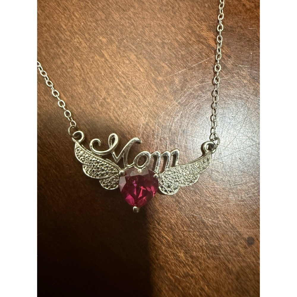 Sterling Silver Mom Necklace Angel Wings Heart Red CZ Pendant 925 Mothers Gift